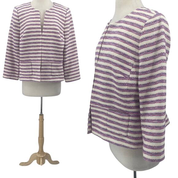 Talbots Striped Tweed Blazer Jacket Cotton Blend Collarless White Purple Pink 16 - Picture 1 of 8